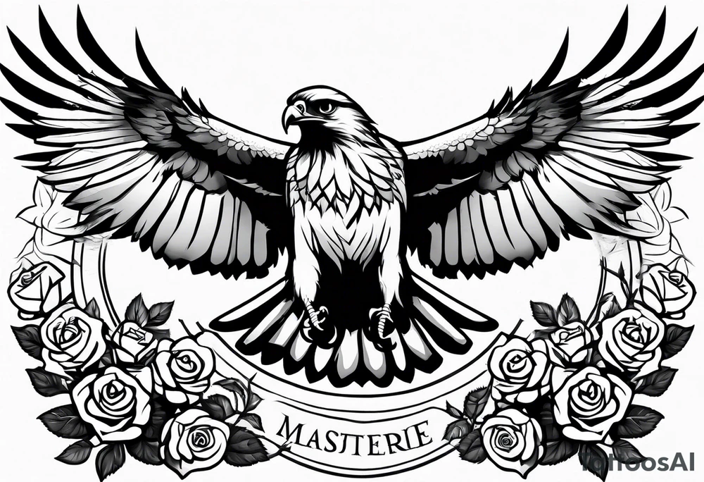 Hawk with rose in mouth flying down on a grave tattoo idea