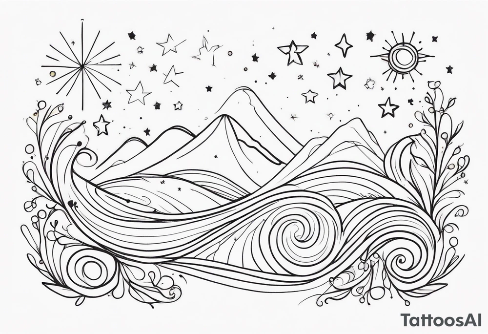 fine line with stars, swirls, dots. Western tattoo idea