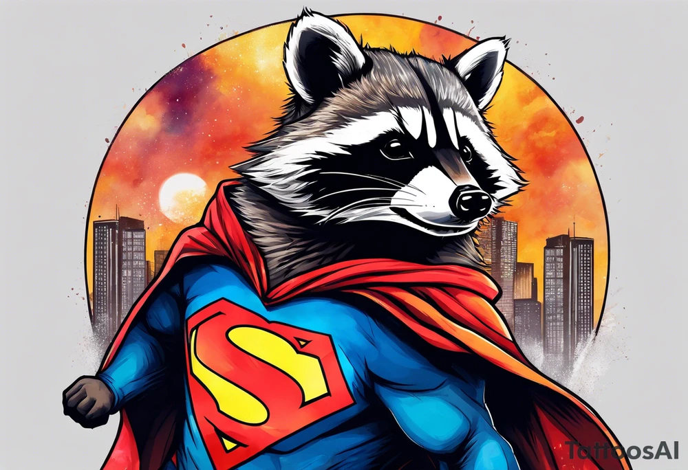 raccoon wearing a Superman hoodie tattoo idea
