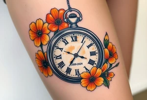 Beautiful pocket watch reading 2:37 with Roman numeral for 10/09/2024 and name Jackson Calloway in the face of watch surrounded by orange marigolds tattoo idea