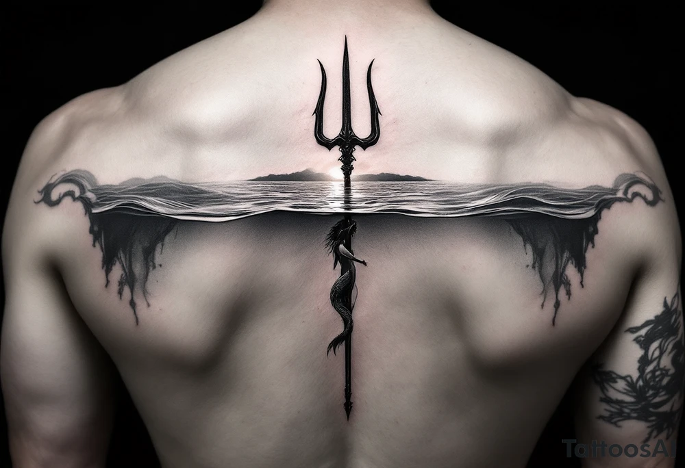 trident half way under calm water with sunset and mermaid tattoo idea