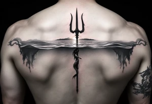 trident half way under calm water with sunset and mermaid tattoo idea