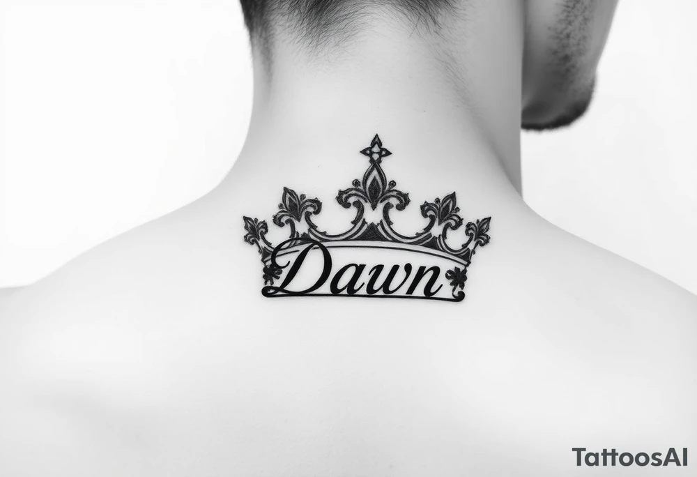 Crown with name Dawn on side of neck tattoo idea