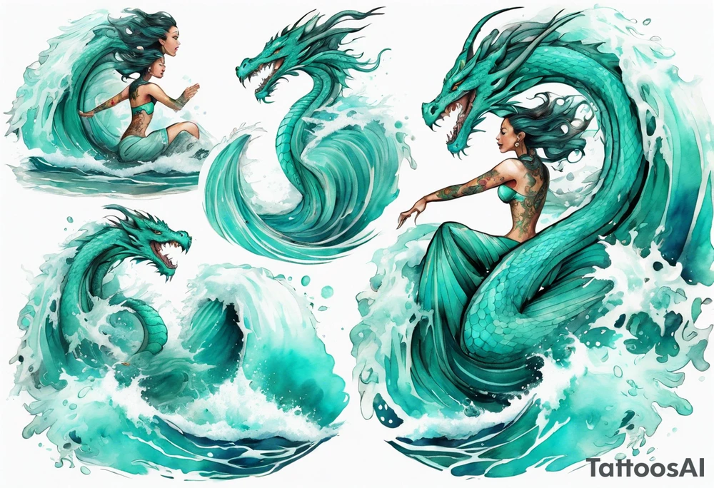 a beautiful turquoise dragon-woman hybrid emerging from an ocean wave, crashing onto the shore tattoo idea