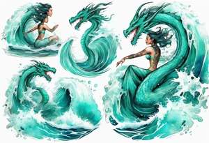 a beautiful turquoise dragon-woman hybrid emerging from an ocean wave, crashing onto the shore tattoo idea