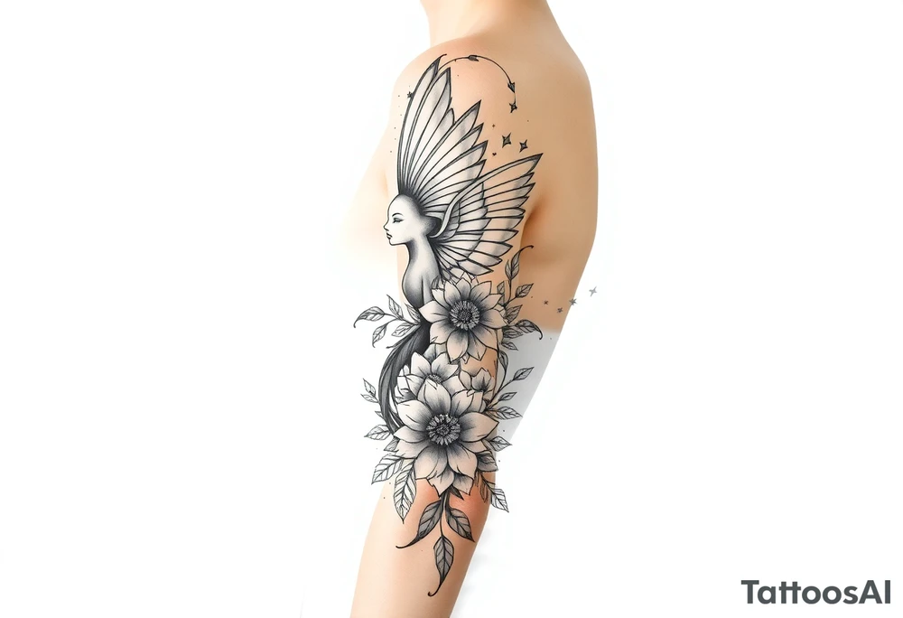 Magical mythical animal sleeve with fairies and flowers tattoo idea