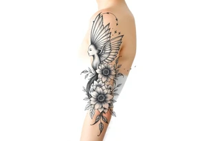 Magical mythical animal sleeve with fairies and flowers tattoo idea