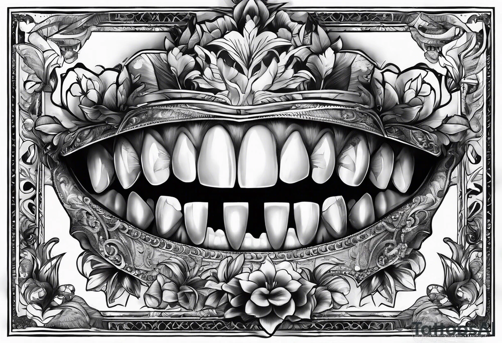 teeth biting money tattoo idea