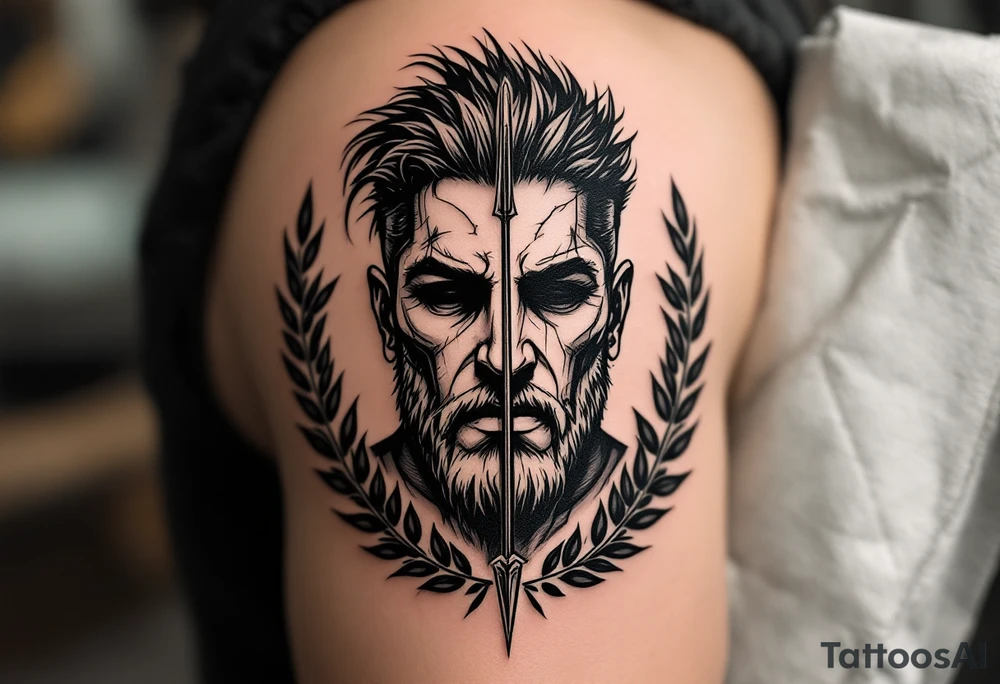 mythological Rome warrior that from his face come down a long arrow and surrounded by a olive tree leaf around tattoo idea