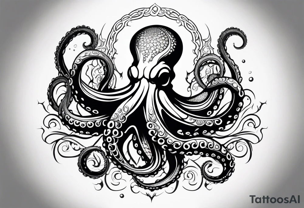 Tribal half sleeve. octopus surrounded by ribbons of water waves filled with fish. the octopus has no eyes. Use thick lines only with less detail. tattoo idea