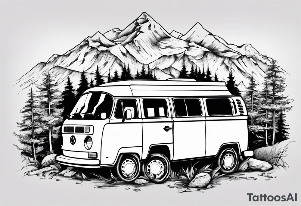 vw t3 in einer landschaft aus bergen und Wälder tattoo idea