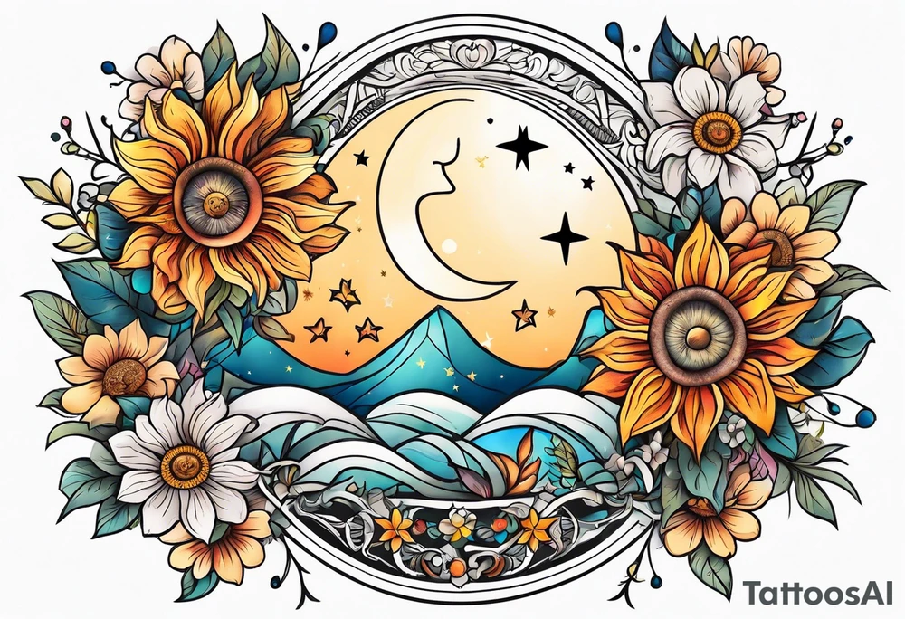 Floral sun, moon, and stars tattoo idea