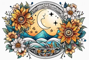 Floral sun, moon, and stars tattoo idea