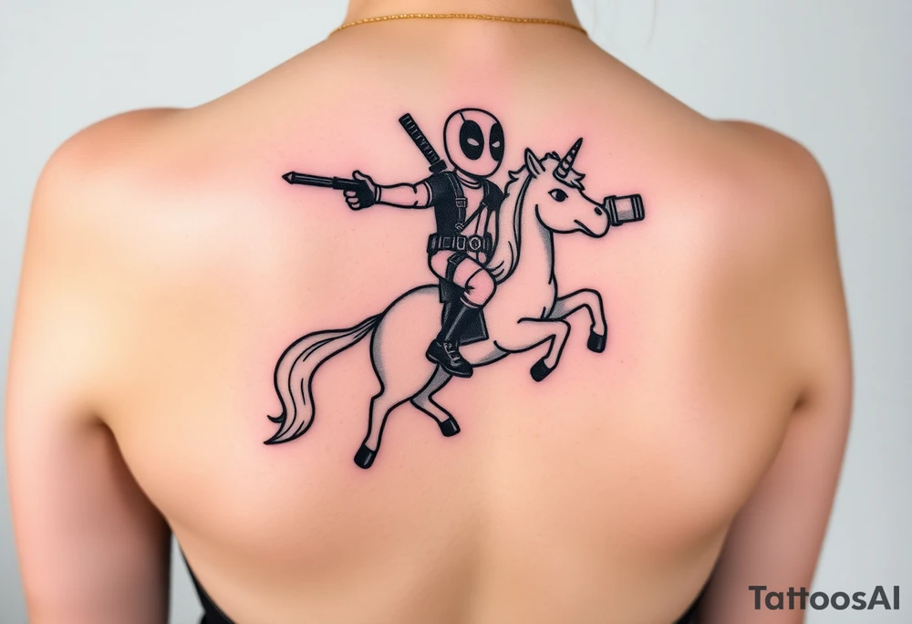 Deadpool riding unicorn pointing rocket propelled grenade launcher tattoo idea