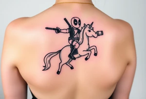 Deadpool riding unicorn pointing rocket propelled grenade launcher tattoo idea