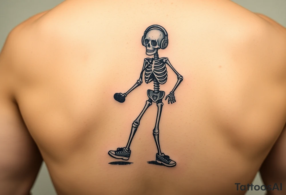 Funny small skeleton exercises jump rope with a blue headphones and blur tennis shoes tattoo idea