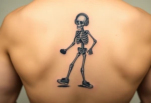 Funny small skeleton exercises jump rope with a blue headphones and blur tennis shoes tattoo idea