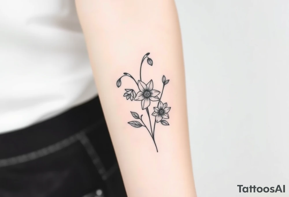 Simple small design in black bunch of flowers 1 lily of the valley 1 daffodil 1 holly 1 larkspur tattoo idea