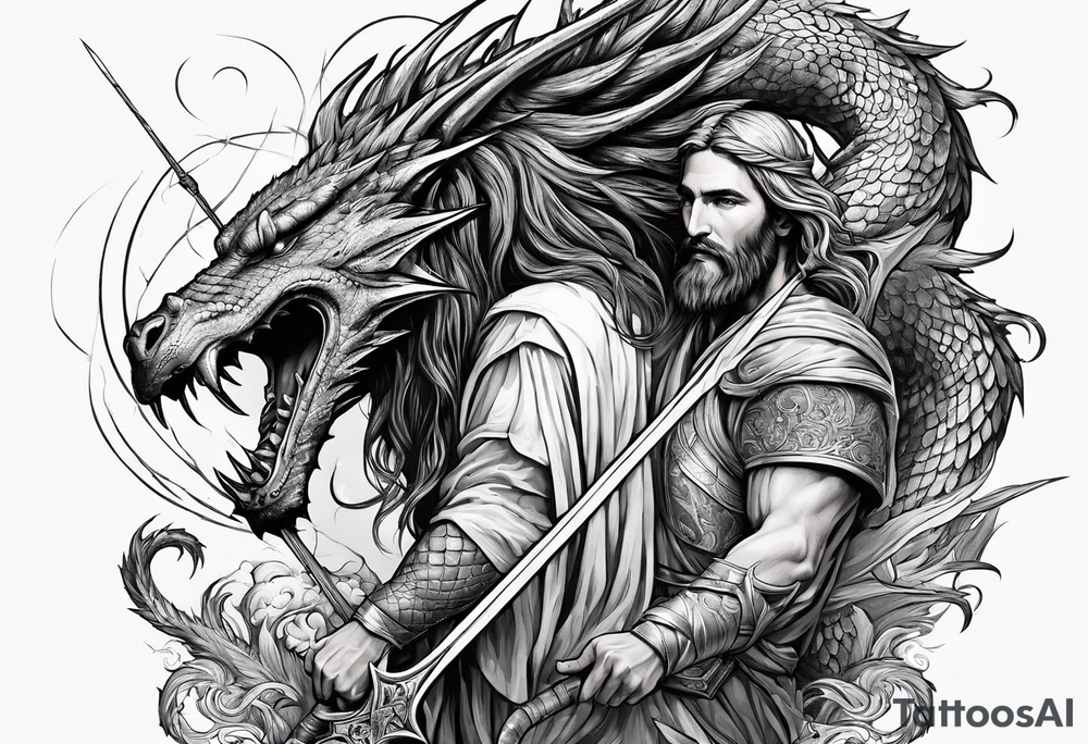 Jesus stabbing a dragon with  spear tattoo idea