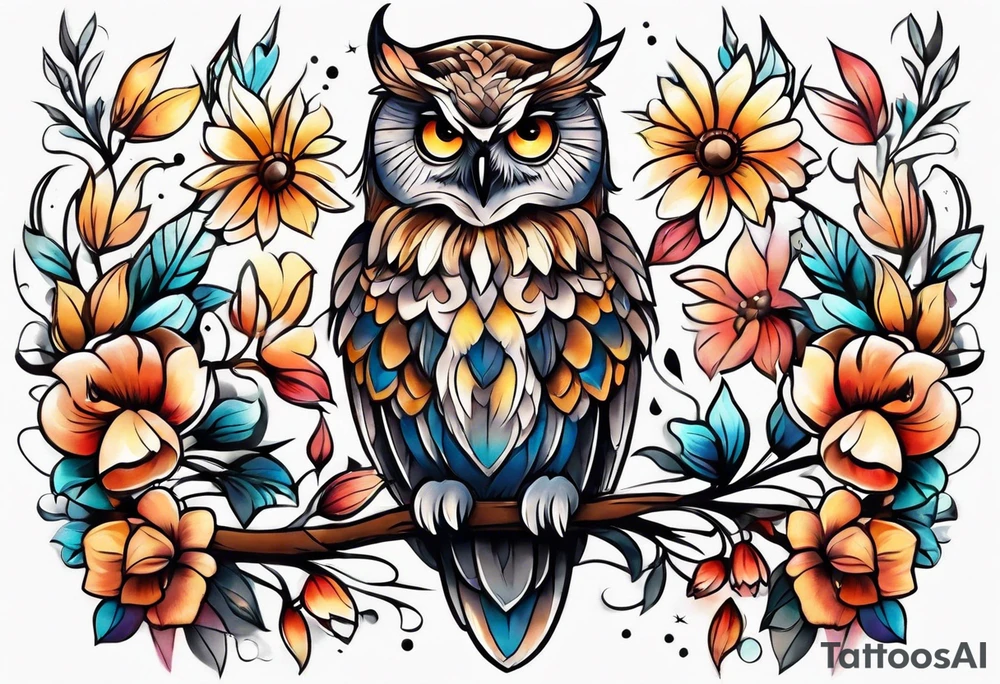 Owl and flowers full arm sleeve tattoo idea