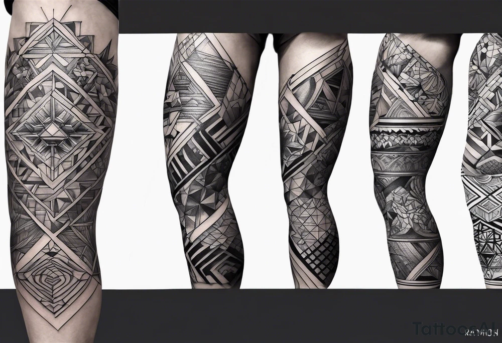 Mix match geometric full leg sleeve male tattoo idea