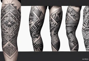 Mix match geometric full leg sleeve male tattoo idea