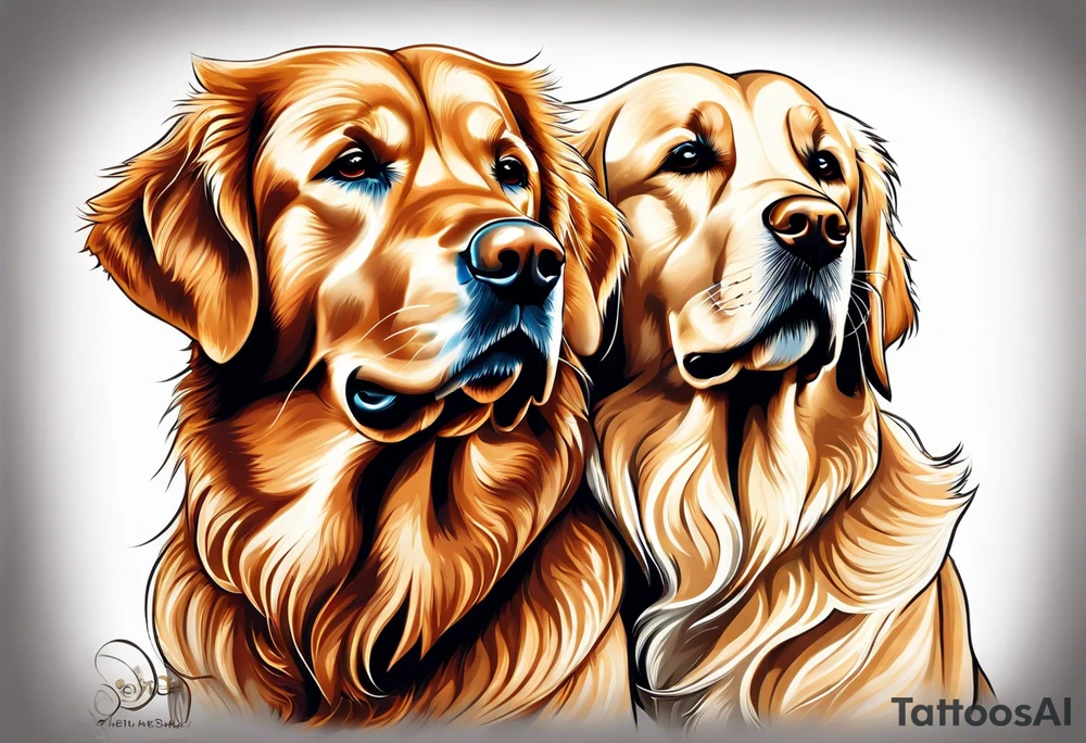 two dogs one is a dark colored golden retriever and the other is a light colored Labrador. They are happy. tattoo idea