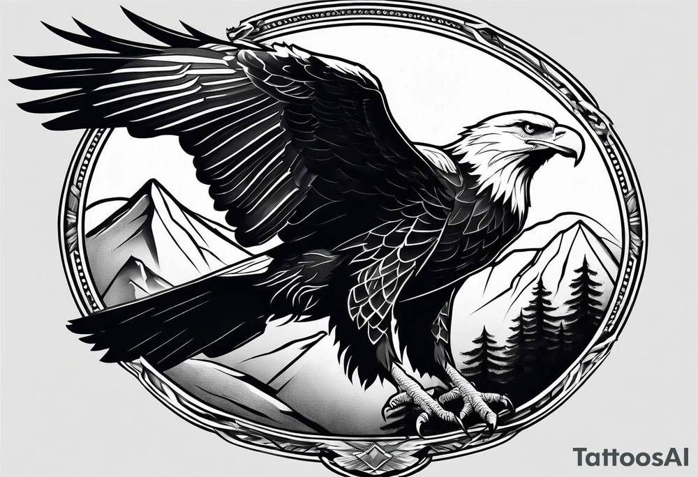 Small Bald eagle with several mountains in background tattoo idea