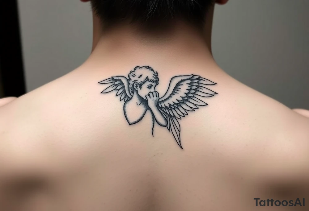 A neck tattoo that shows an angel whispering into ear tattoo idea