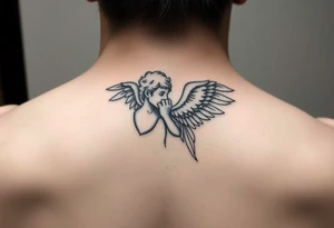 A neck tattoo that shows an angel whispering into ear tattoo idea