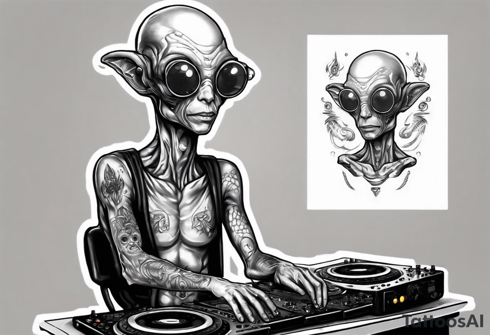 A realistic portrait of an extraterrestrial DJ with a glowing pineal gland tattoo idea