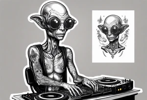 A realistic portrait of an extraterrestrial DJ with a glowing pineal gland tattoo idea