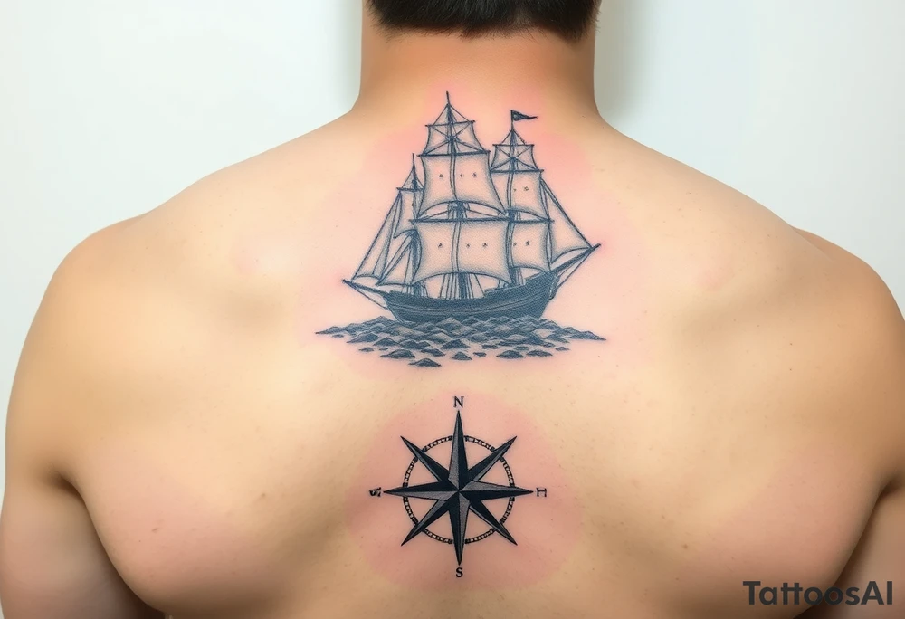A tattered galleon ship sailing toward a stormy and rocky shore and a compass pointing home tattoo idea