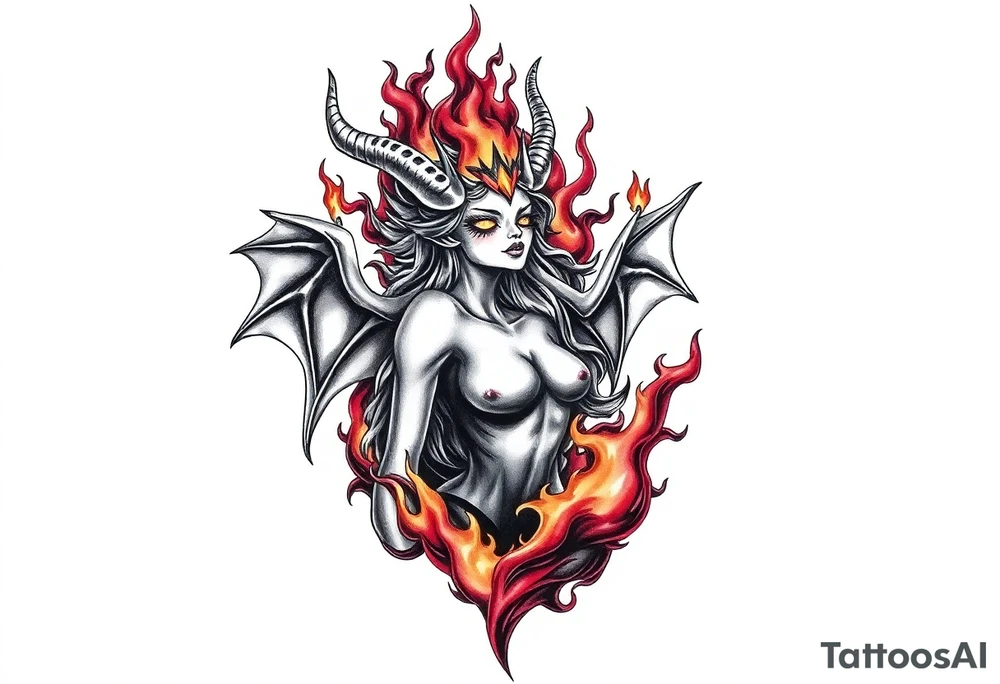 Female demon in the flame tattoo idea