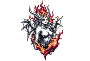 Female demon in the flame tattoo idea