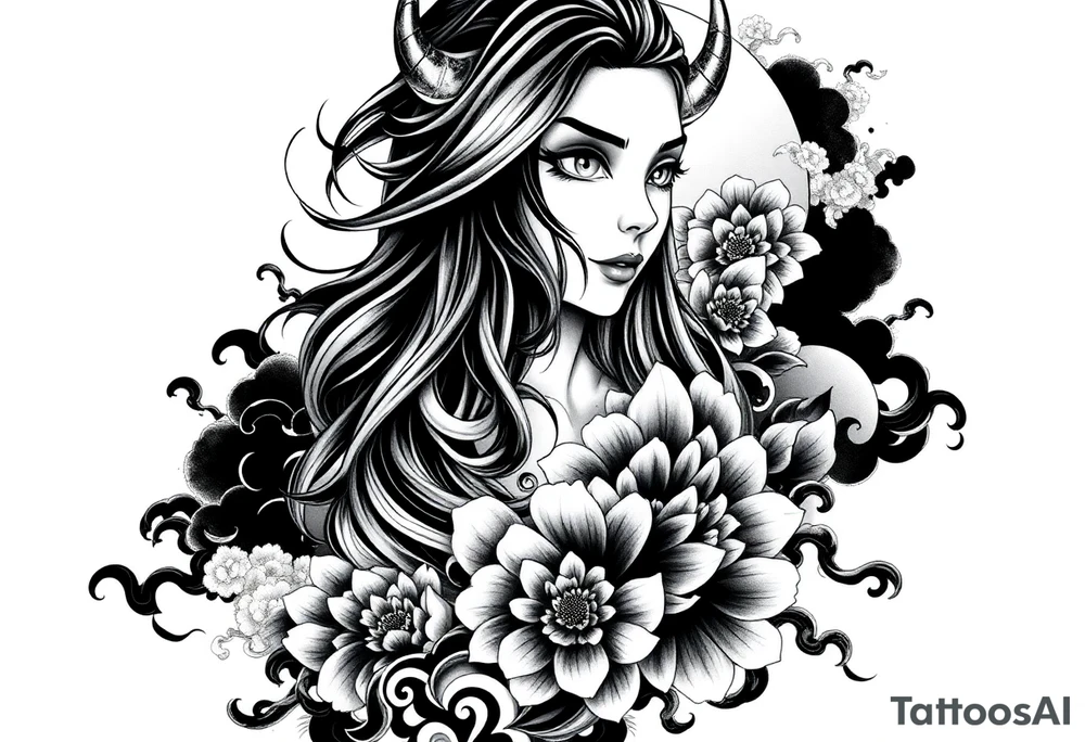 Full sleeve Japanese-inspired tattoo design featuring a beautiful female oni (demon woman) with an elegant, mysterious expression, one hand partially covering her face, long flowing hair integrated into swirling wind and wave patterns, large detailed chrysanthemums and peonies woven through the composition, dynamic negative space with bold black fills and smooth gradients, traditional Japanese cloud and water motifs, high-contrast black and grey with soft shading and sharp linework, balanced composition wrapping around the arm, modern neo-Japanese illustrative style.

– High contrast black and grey
– Neo-Japanese tattoo
– Traditional Japanese motifs
– Sleeve layout design
– Chrysanthemums, peonies, wind bars, waves
– Female oni portrait tattoo idea