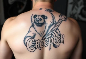 Wrestler, bass playing, tattooed, bearded panda bear with the word creeper in metal band font tattoo idea