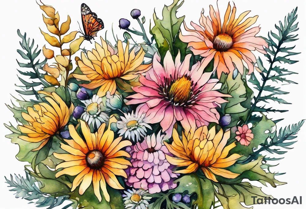 mixed wildflower cascading with thistles, ferns, burnt orange flower, white flowers, pink flowers, and yellow flowers all in watercolor tattoo idea