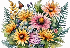 mixed wildflower cascading with thistles, ferns, burnt orange flower, white flowers, pink flowers, and yellow flowers all in watercolor tattoo idea