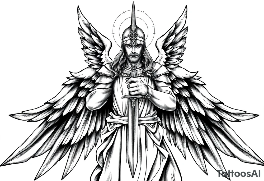Holy Archangel, Biblical, Christianity, Hebrew, Guards of Christianity, Holding a sword, having six wings, wearing helmet, halo, seraphim, seek justice, walk only with God tattoo idea