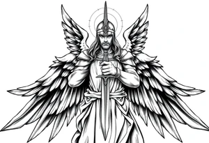Holy Archangel, Biblical, Christianity, Hebrew, Guards of Christianity, Holding a sword, having six wings, wearing helmet, halo, seraphim, seek justice, walk only with God tattoo idea