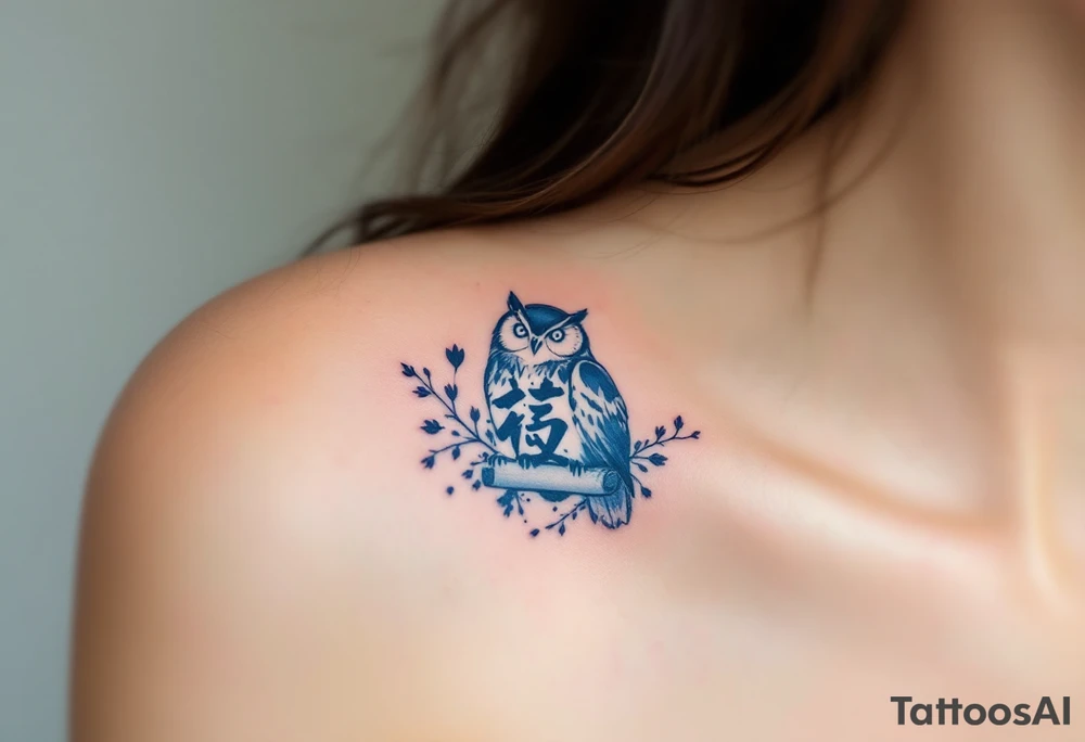 智 (zhì, “wisdom”) in navy blue ink is matched with an owl or scroll to symbolize clarity and knowledge. tattoo idea