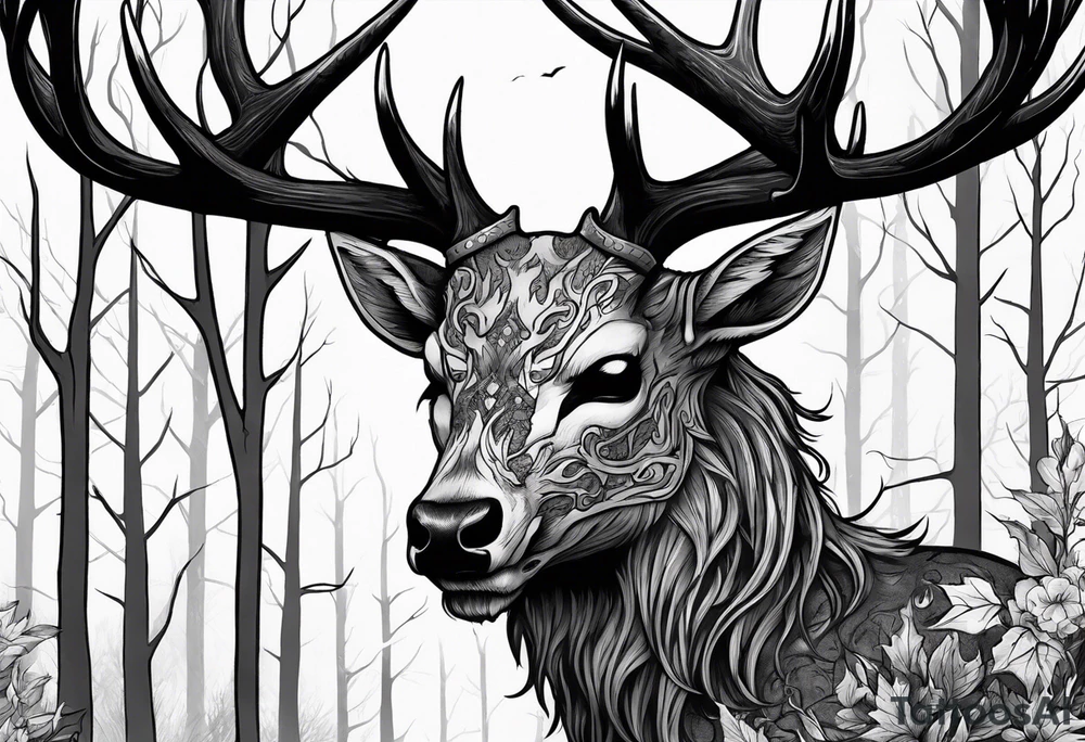 A scary wendigo with a decayed deer skull head with flames and trees tattoo idea