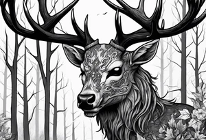 A scary wendigo with a decayed deer skull head with flames and trees tattoo idea