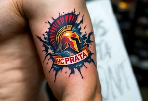 A bold red and yellow HC Sparta PRAHA logo blazing across a muscular forearm with icy blue shading. tattoo idea