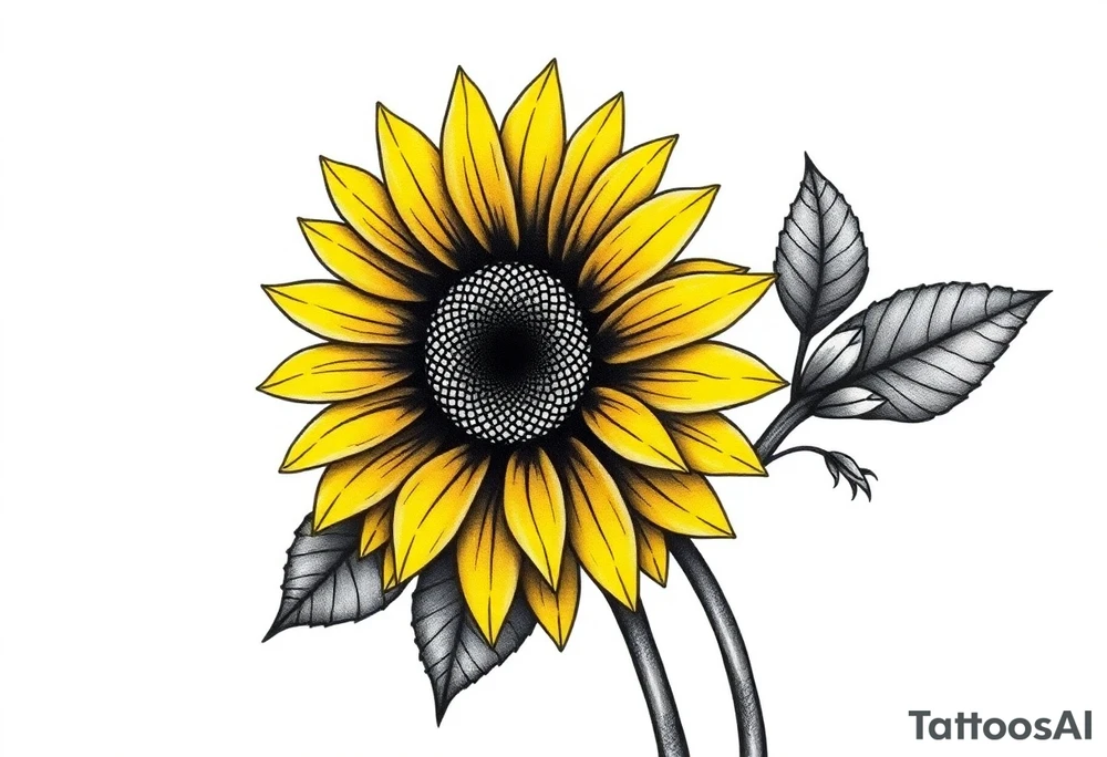 A minimalist sunflower tattoo that represents a shattered and betrayed gemini woman who fought hard throughout this year. With colors yellow and black. Make it unique and rare. Without leaves and stem. Simple but elegant. Cute and catchy tattoo idea