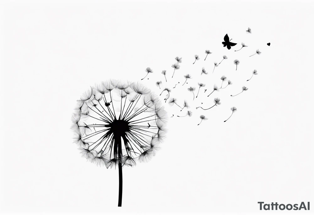 Dandelion with its ligules blowing away, a few legs are tiny hearts, the girls turn into a little bird, flying away to its future tattoo idea