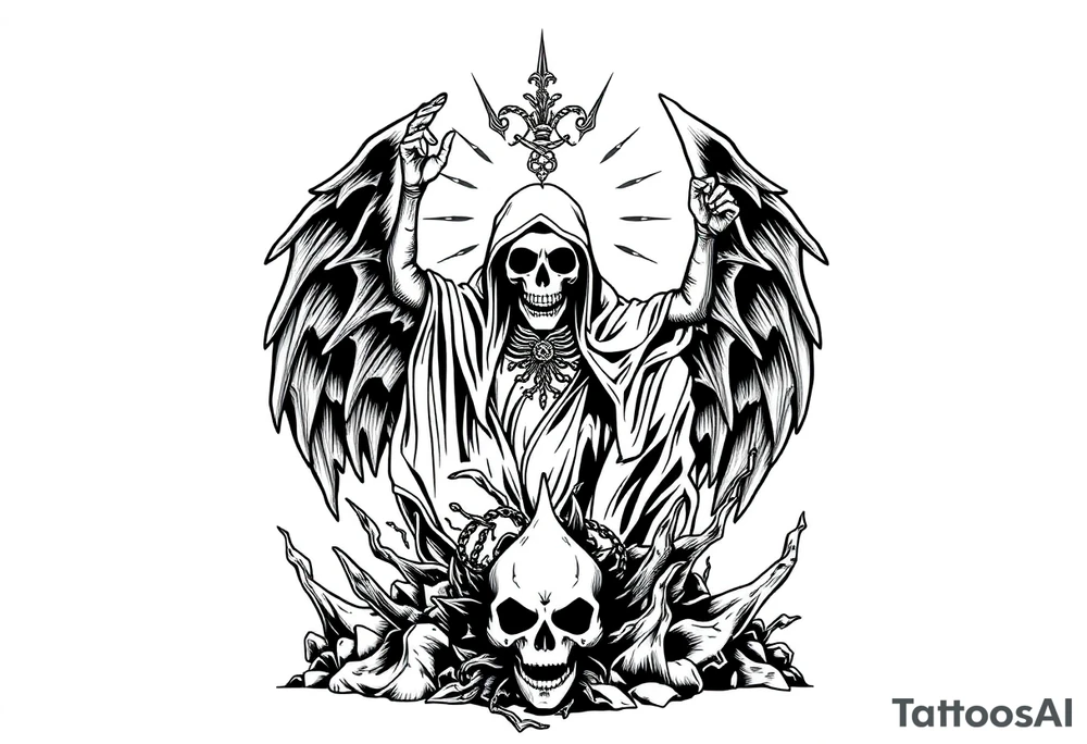 Magnificent Santa muerte rising out of the ashes of hell to claim a soul tattoo idea