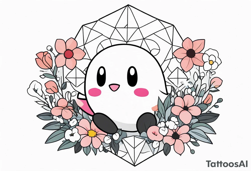 kirby in a bed of flowers holding a crystal above tattoo idea