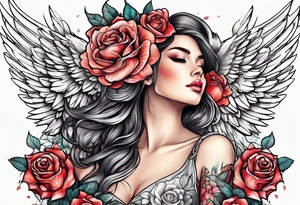 Beautiful woman angle with wings standing from head to toe imagine surrounded by roses tattoo idea